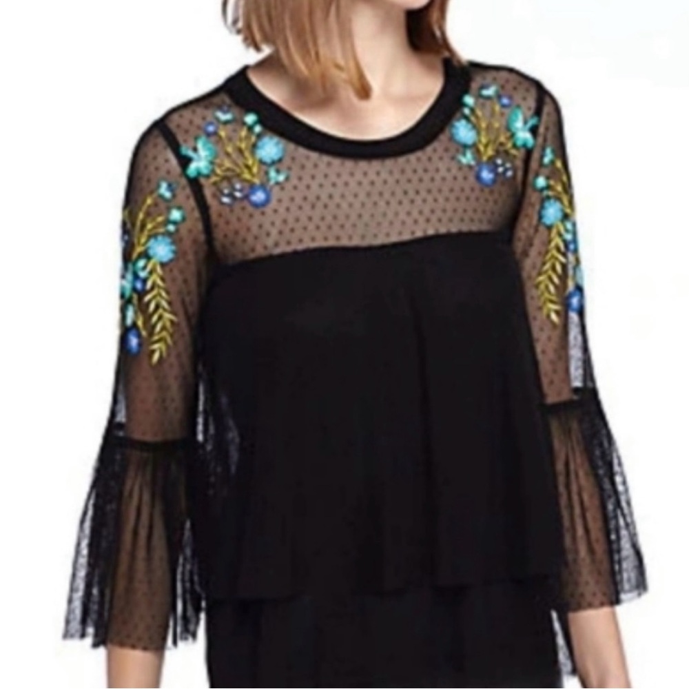 Kaari Blue Black Mesh Embroidered Bell Sleeve Layer Ruffle Tunic Top Size Medium